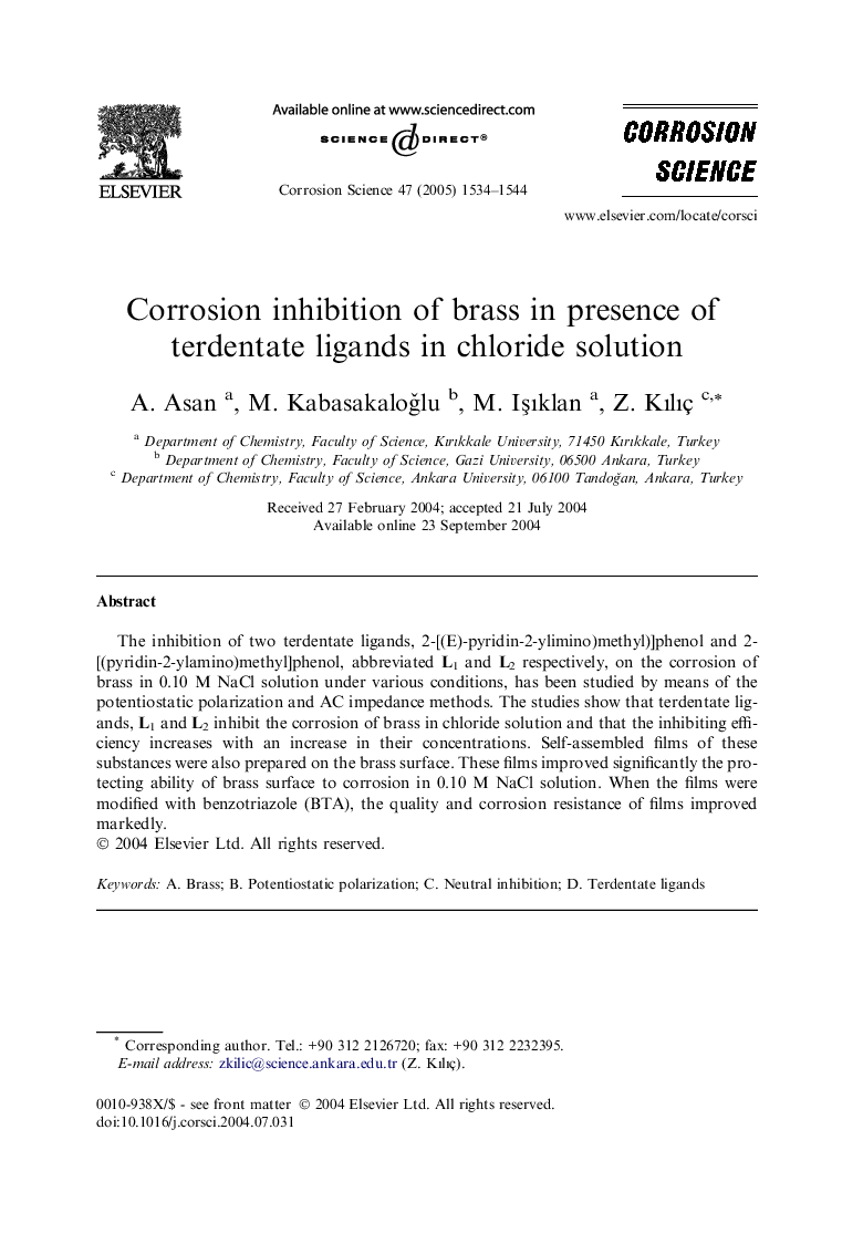 Corrosion inhibition of brass in presence of terdentate ligands in chloride solution