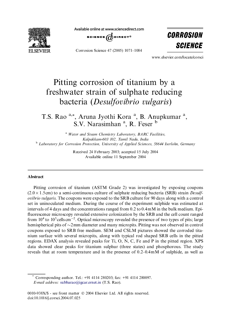 Pitting corrosion of titanium by a freshwater strain of sulphate reducing bacteria (Desulfovibrio vulgaris)