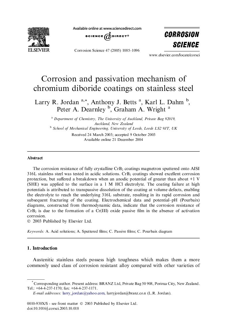 Corrosion and passivation mechanism of chromium diboride coatings on stainless steel