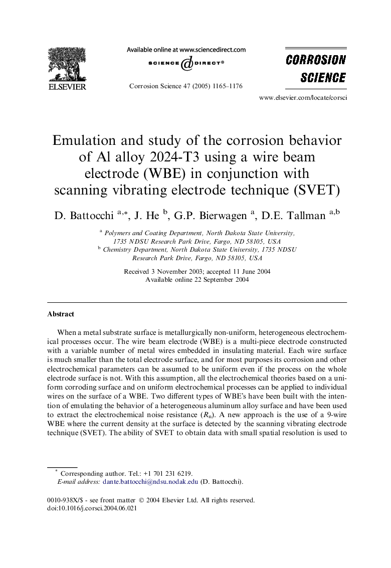 Emulation and study of the corrosion behavior of Al alloy 2024-T3 using a wire beam electrode (WBE) in conjunction with scanning vibrating electrode technique (SVET)
