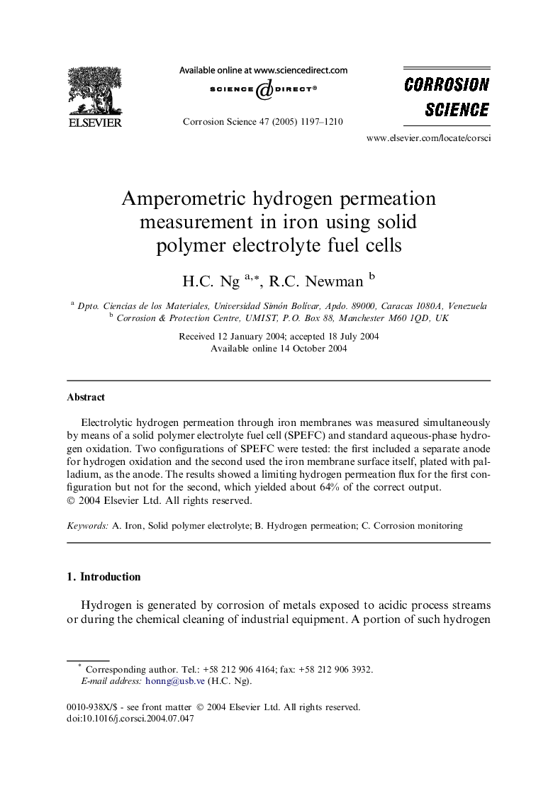 Amperometric hydrogen permeation measurement in iron using solid polymer electrolyte fuel cells