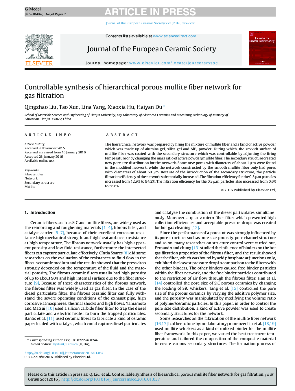 Controllable synthesis of hierarchical porous mullite fiber network for gas filtration