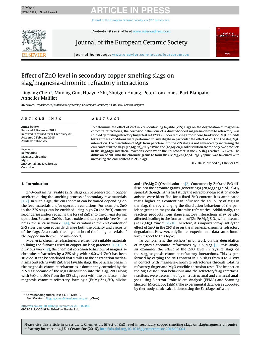 Effect of ZnO level in secondary copper smelting slags on slag/magnesia-chromite refractory interactions