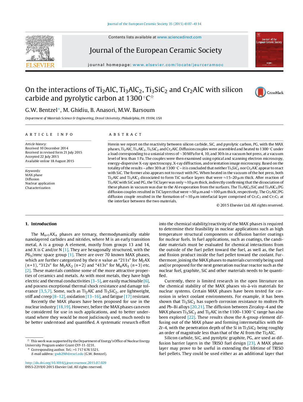 On the interactions of Ti2AlC, Ti3AlC2, Ti3SiC2 and Cr2AlC with silicon carbide and pyrolytic carbon at 1300Â Â°C