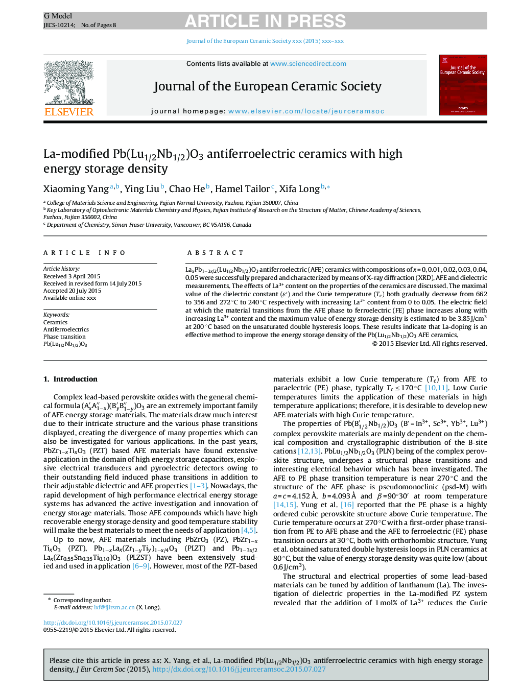 La-modified Pb(Lu1/2Nb1/2)O3 antiferroelectric ceramics with high energy storage density