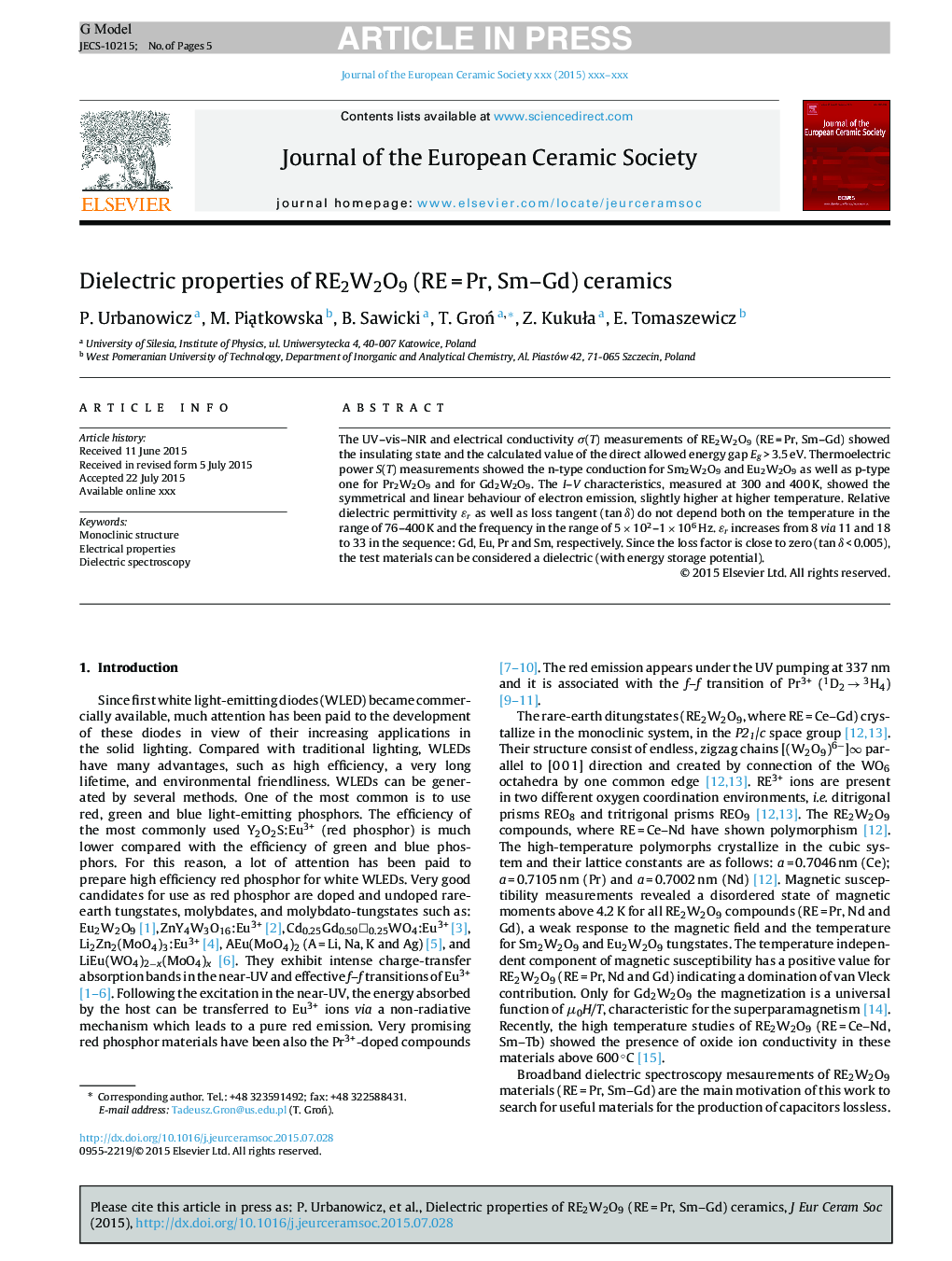 عکس صفحه اول مقاله: Dielectric properties of RE2W2O9 (REÂ =Â Pr, Sm-Gd) ceramics Dielectric properties of RE2W2O9 (REÂ =Â Pr, Sm-Gd) ceramics