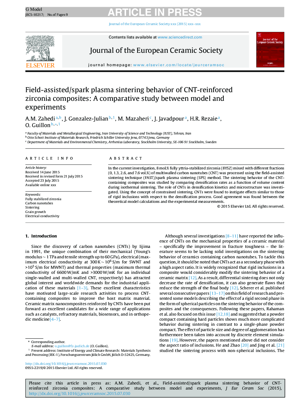 Field-assisted/spark plasma sintering behavior of CNT-reinforced zirconia composites: A comparative study between model and experiments