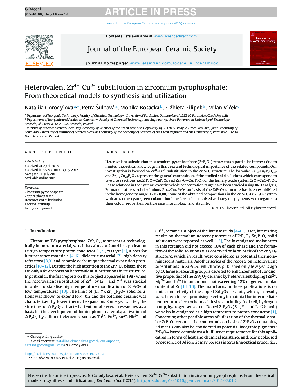 Heterovalent Zr4+-Cu2+ substitution in zirconium pyrophosphate: From theoretical models to synthesis and utilization