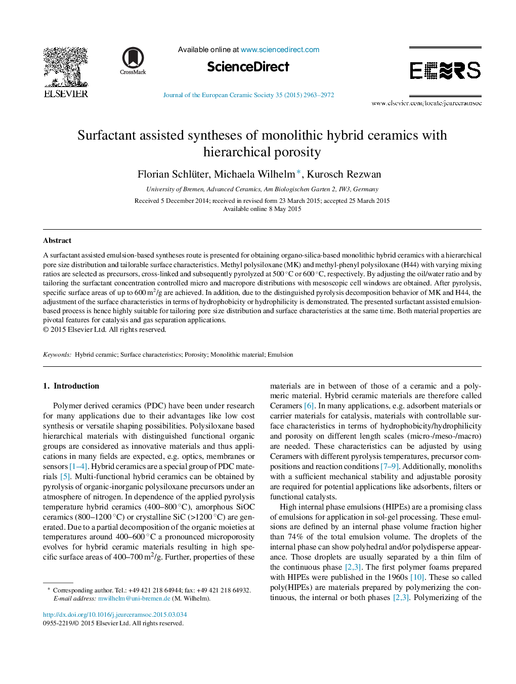 Surfactant assisted syntheses of monolithic hybrid ceramics with hierarchical porosity