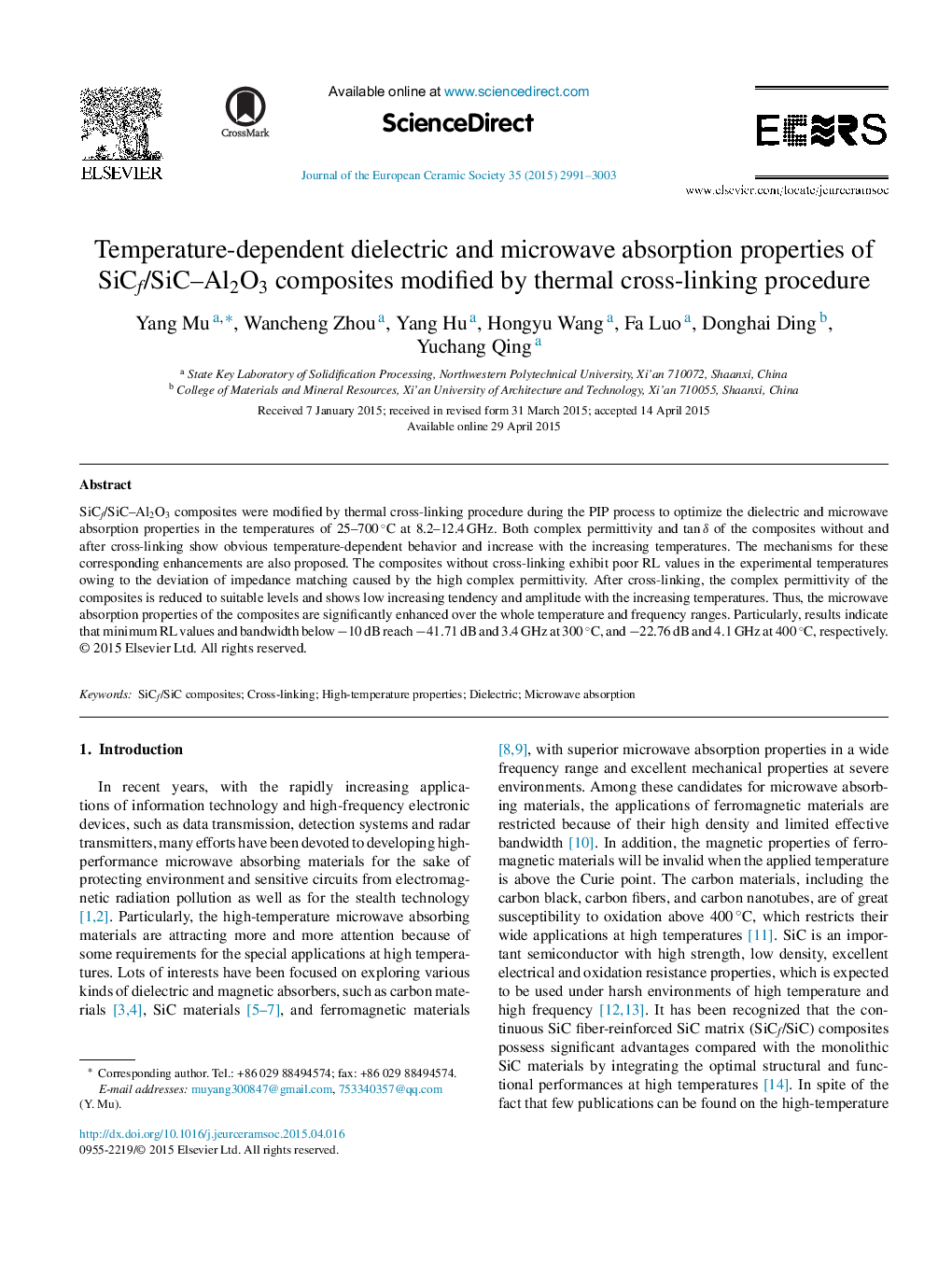 Temperature-dependent dielectric and microwave absorption properties of SiCf/SiC-Al2O3 composites modified by thermal cross-linking procedure