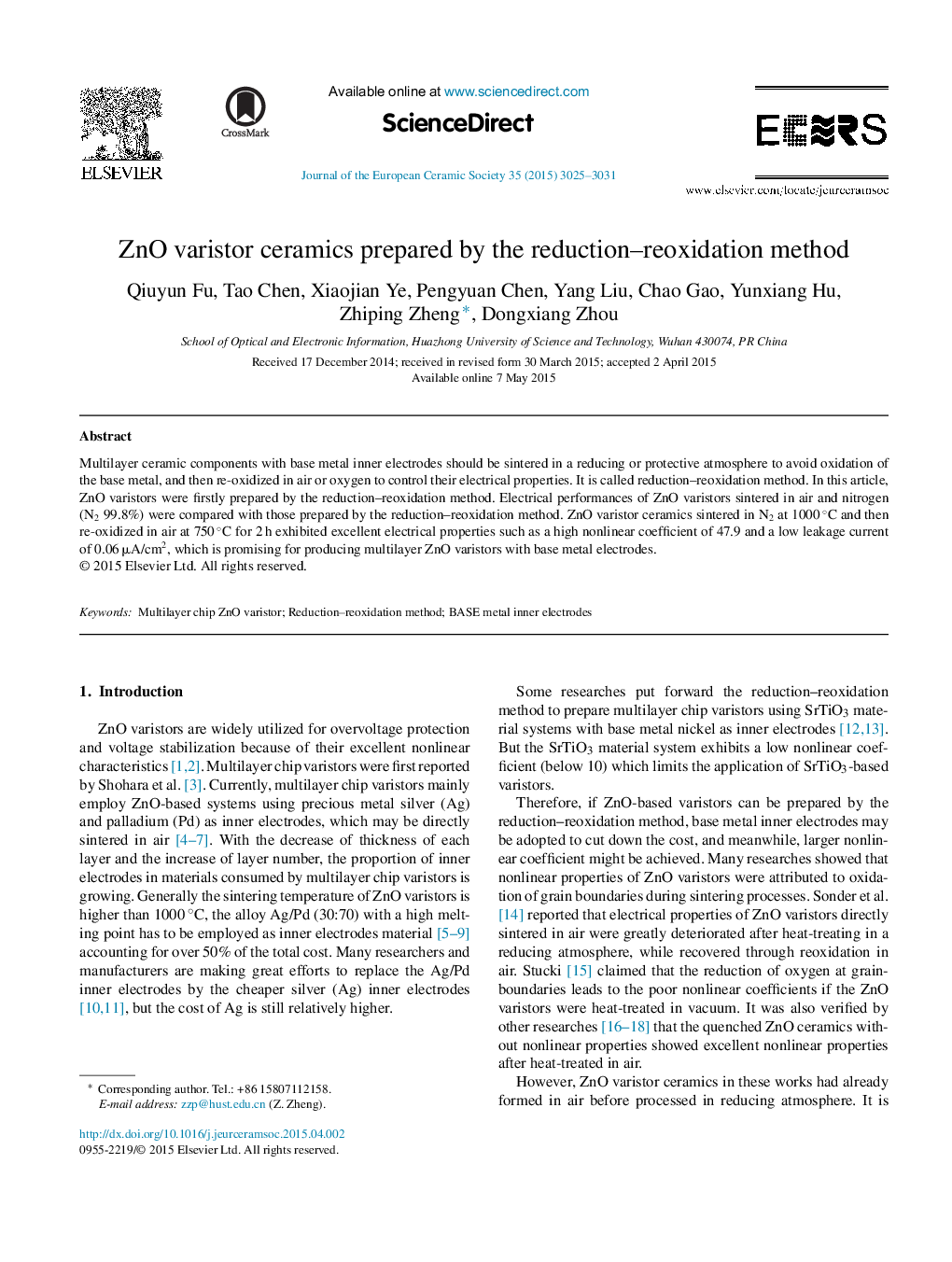 ZnO varistor ceramics prepared by the reduction-reoxidation method
