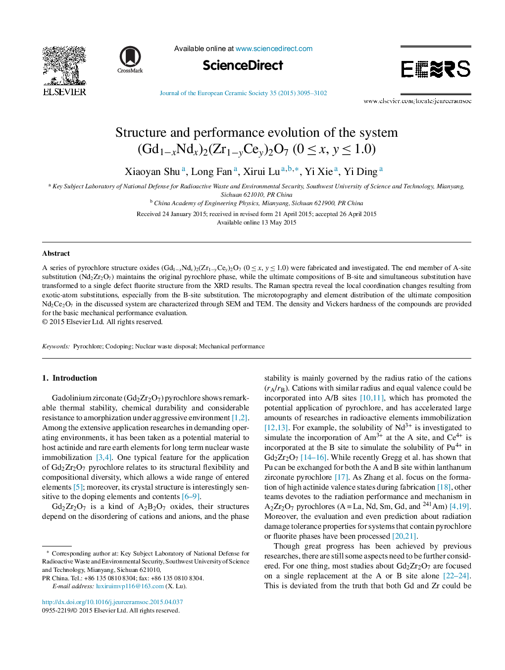 Structure and performance evolution of the system (Gd1âxNdx)2(Zr1âyCey)2O7 (0Â â¤Â x, yÂ â¤Â 1.0)