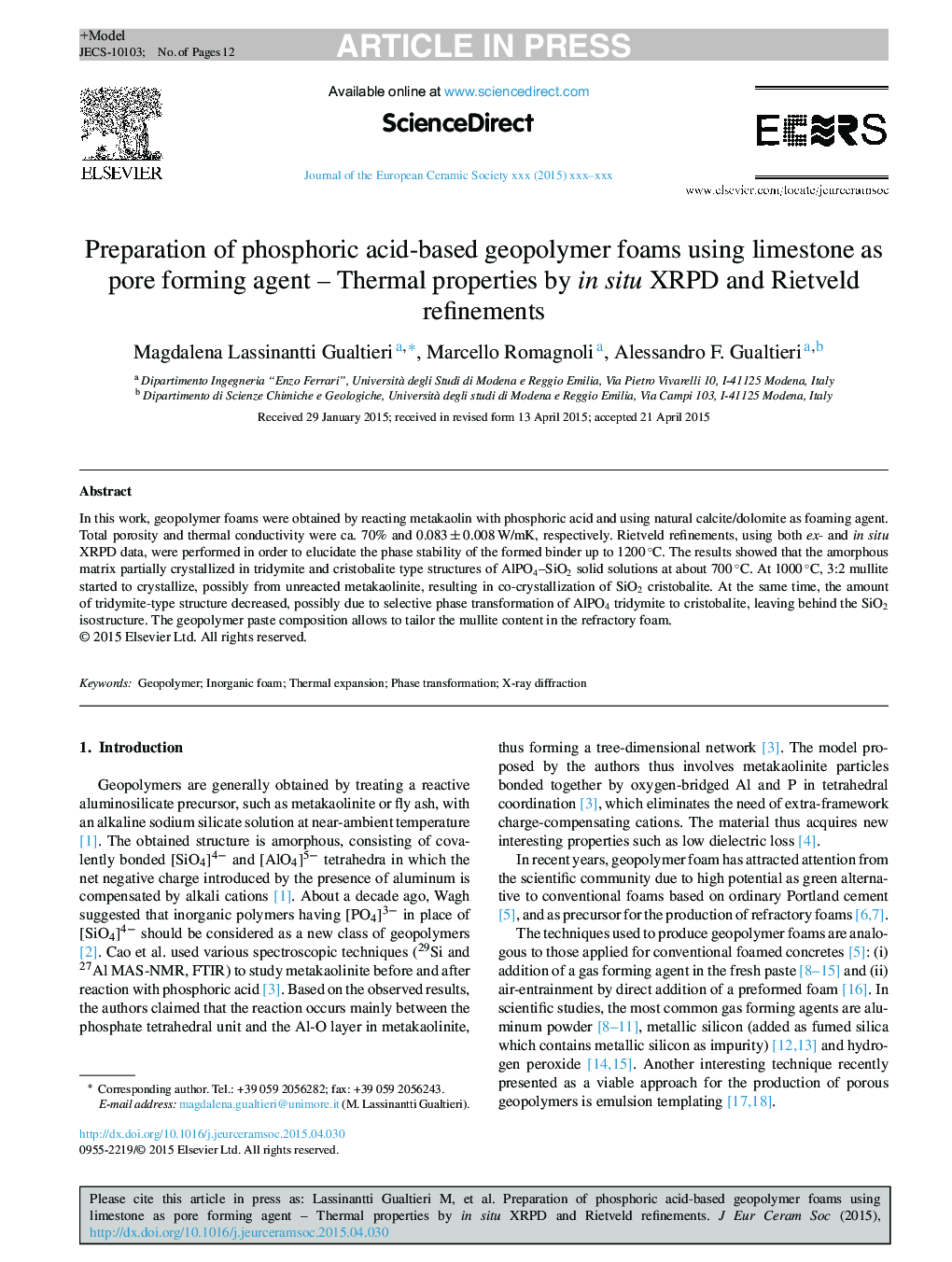 Preparation of phosphoric acid-based geopolymer foams using limestone as pore forming agent - Thermal properties by in situ XRPD and Rietveld refinements