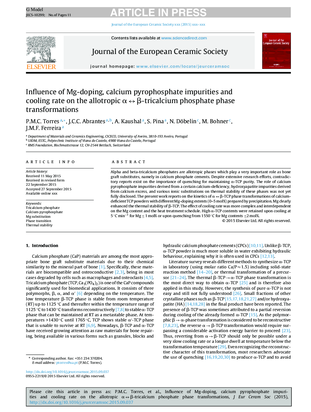 Influence of Mg-doping, calcium pyrophosphate impurities and cooling rate on the allotropic Î±Â âÂ Î²-tricalcium phosphate phase transformations