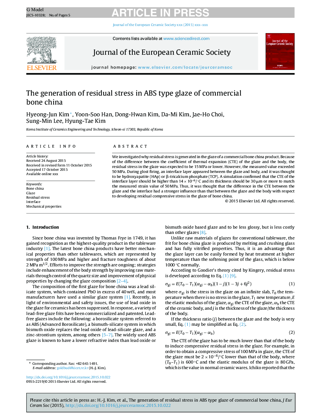 The generation of residual stress in ABS type glaze of commercial bone china