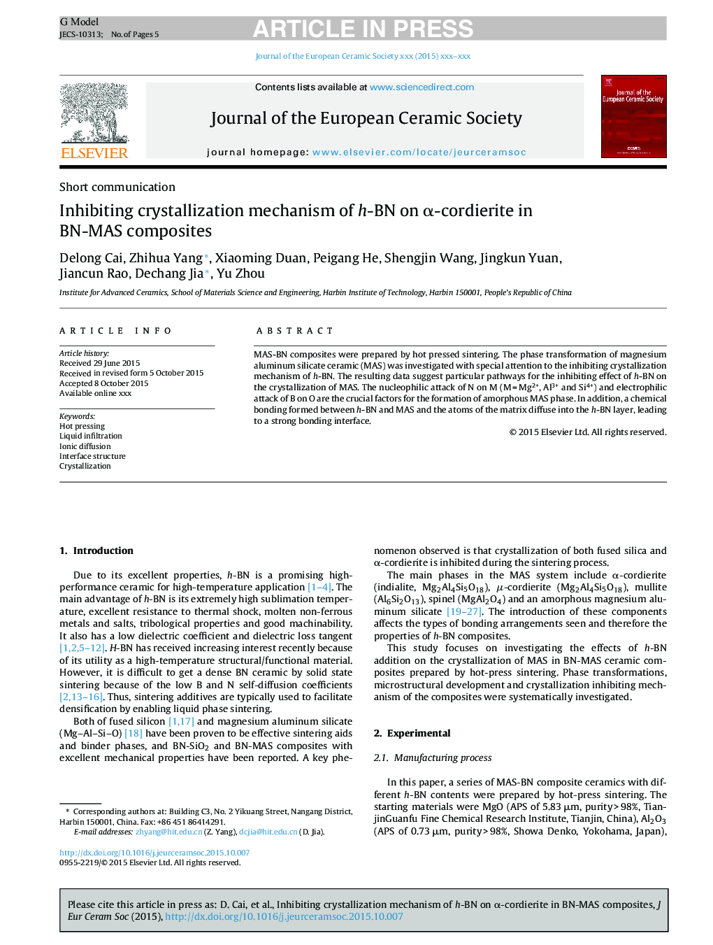 Inhibiting crystallization mechanism of h-BN on Î±-cordierite in BN-MAS composites