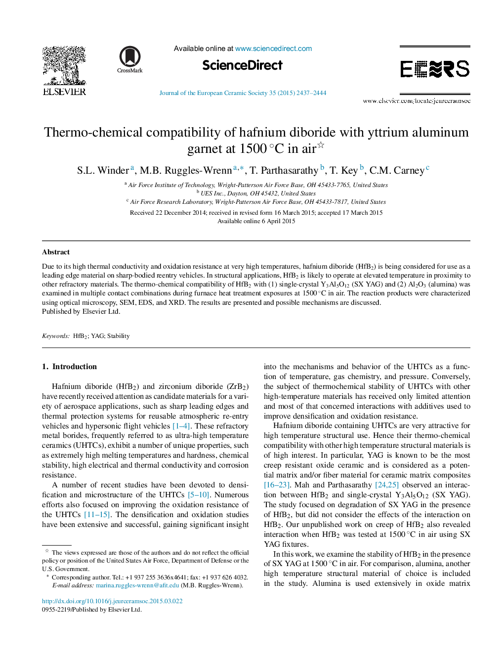 Thermo-chemical compatibility of hafnium diboride with yttrium aluminum garnet at 1500Â Â°C in air