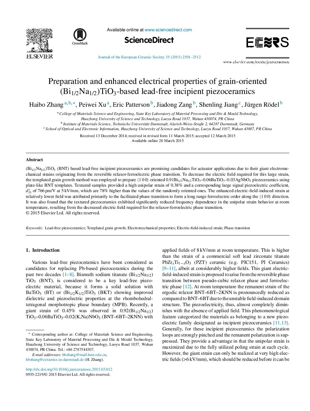 Preparation and enhanced electrical properties of grain-oriented (Bi1/2Na1/2)TiO3-based lead-free incipient piezoceramics