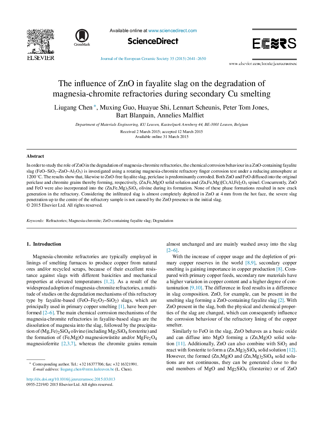 The influence of ZnO in fayalite slag on the degradation of magnesia-chromite refractories during secondary Cu smelting