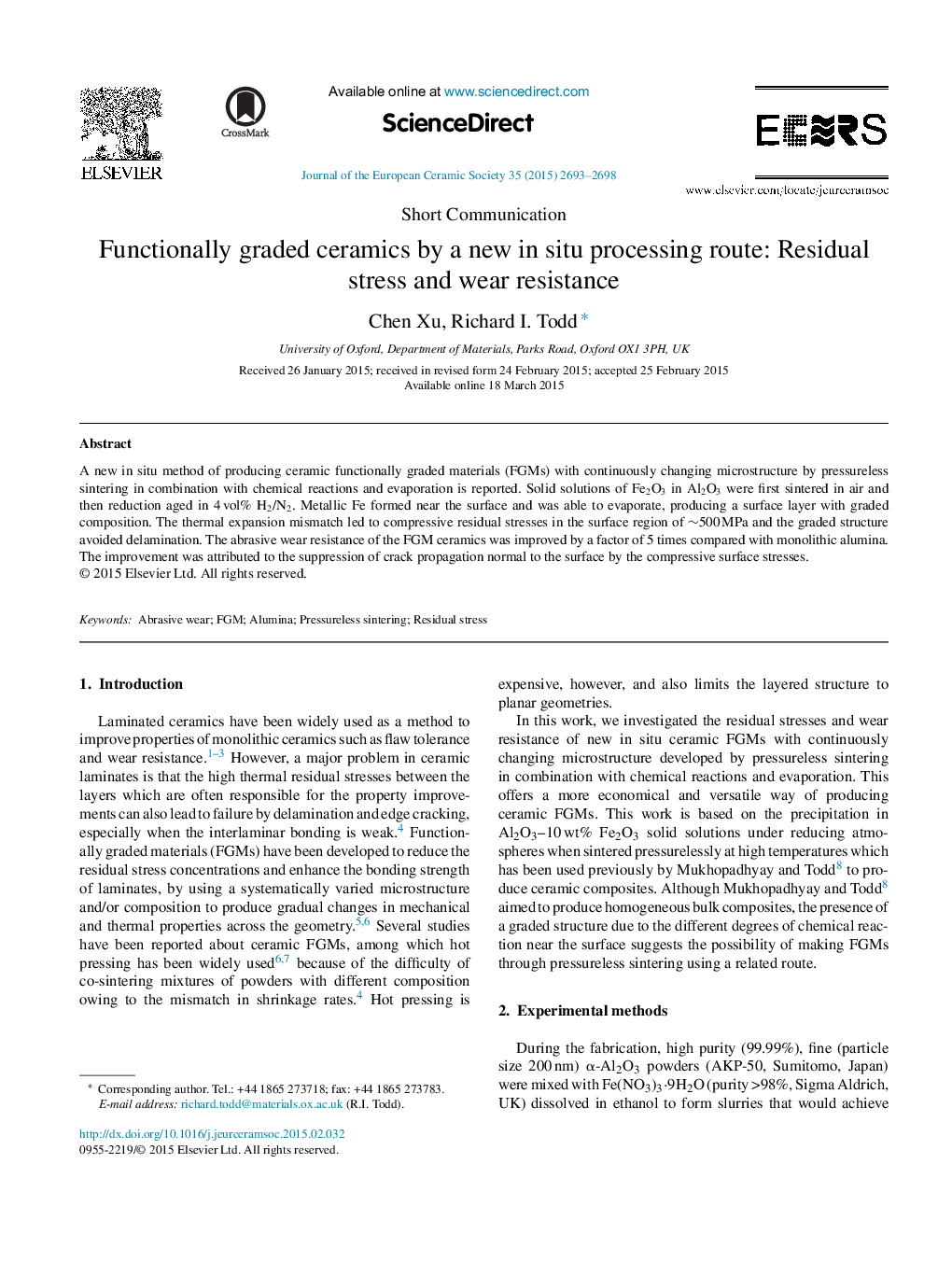 سرامیک درجه بندی شده عملکردی با یک روش پردازش جدید در محل: تنش باقی مانده و مقاومت در برابر سایش 