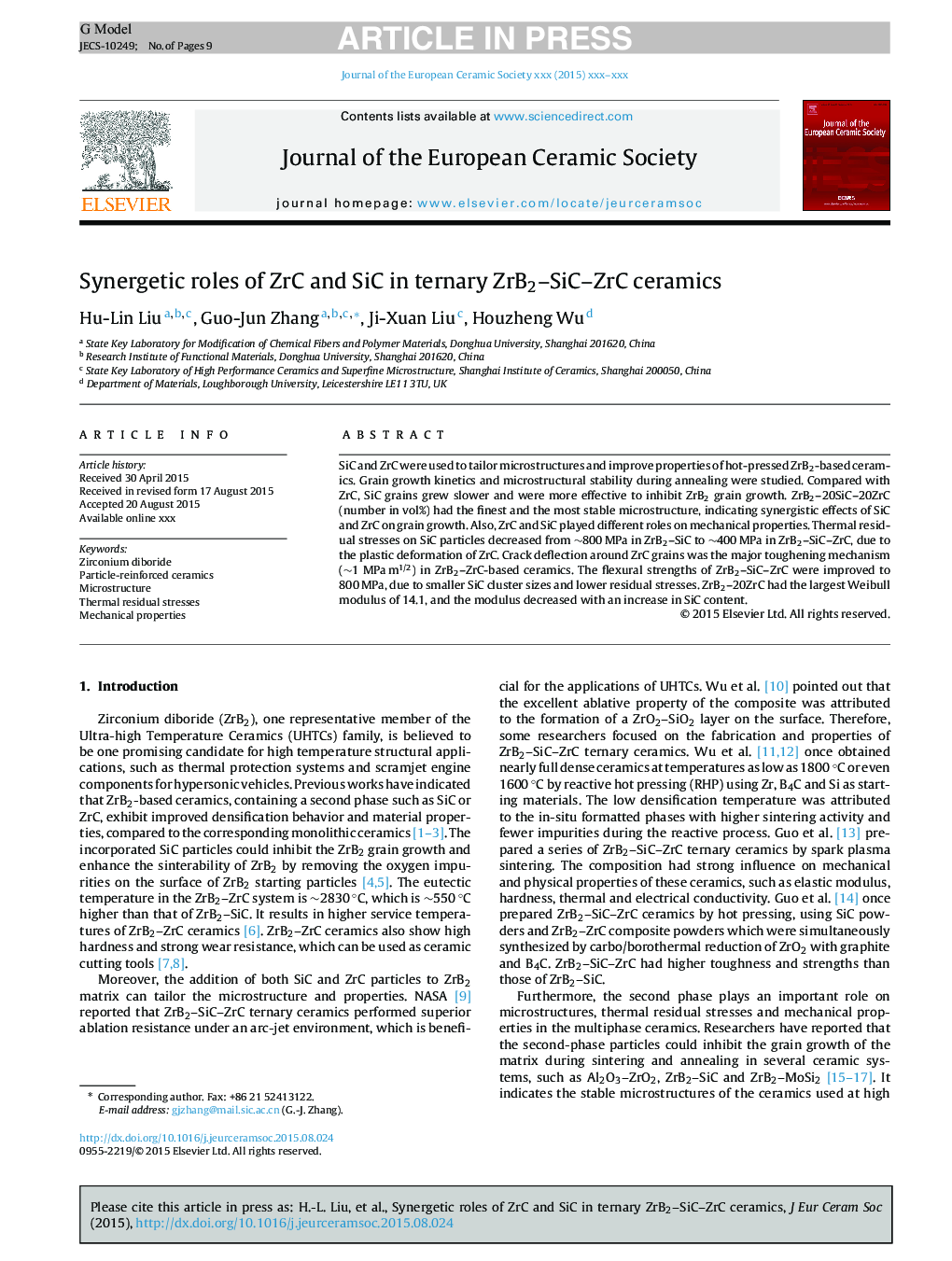 عکس صفحه اول مقاله: Synergetic roles of ZrC and SiC in ternary ZrB2-SiC-ZrC ceramics Synergetic roles of ZrC and SiC in ternary ZrB2-SiC-ZrC ceramics