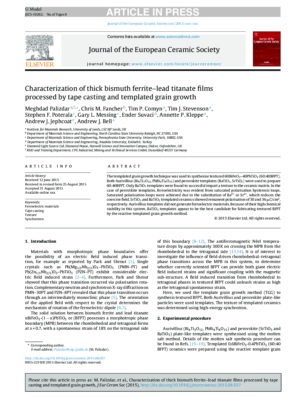 Characterization of thick bismuth ferrite-lead titanate films processed by tape casting and templated grain growth