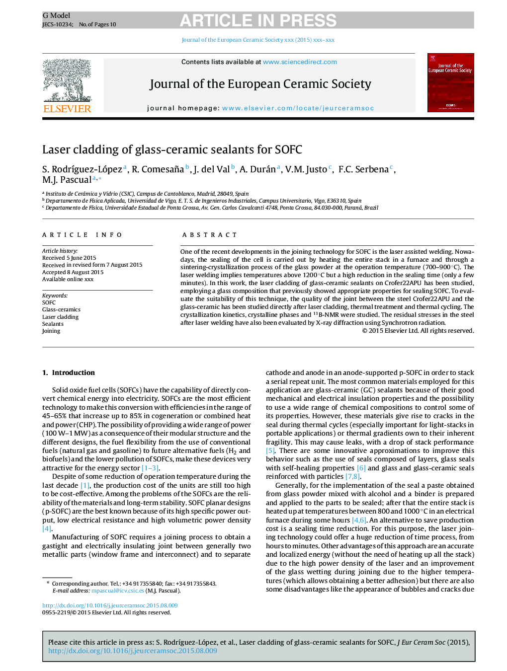 عکس صفحه اول مقاله: Laser cladding of glass-ceramic sealants for SOFC Laser cladding of glass-ceramic sealants for SOFC
