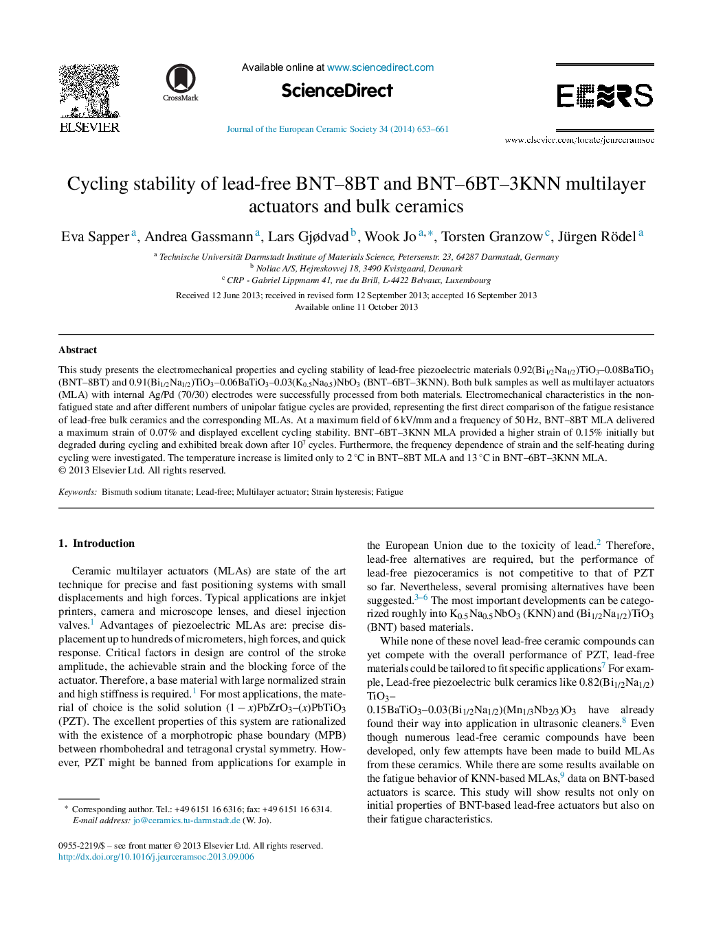 Cycling stability of lead-free BNT-8BT and BNT-6BT-3KNN multilayer actuators and bulk ceramics