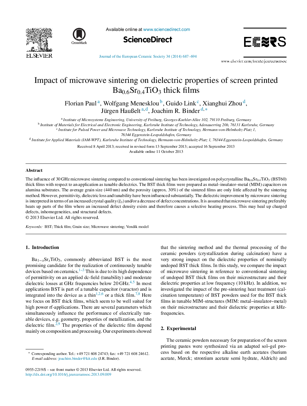 Impact of microwave sintering on dielectric properties of screen printed Ba0.6Sr0.4TiO3 thick films