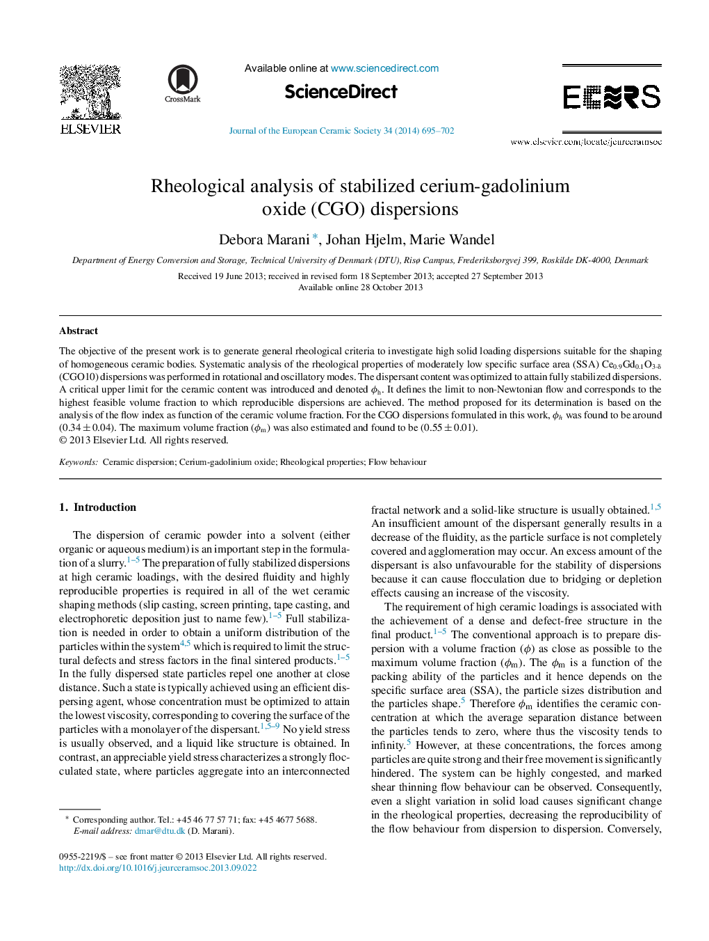 Rheological analysis of stabilized cerium-gadolinium oxide (CGO) dispersions