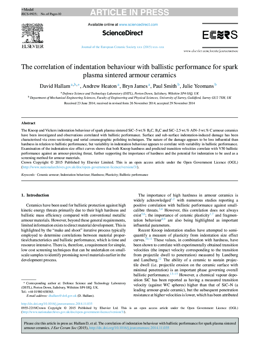 The correlation of indentation behaviour with ballistic performance for spark plasma sintered armour ceramics