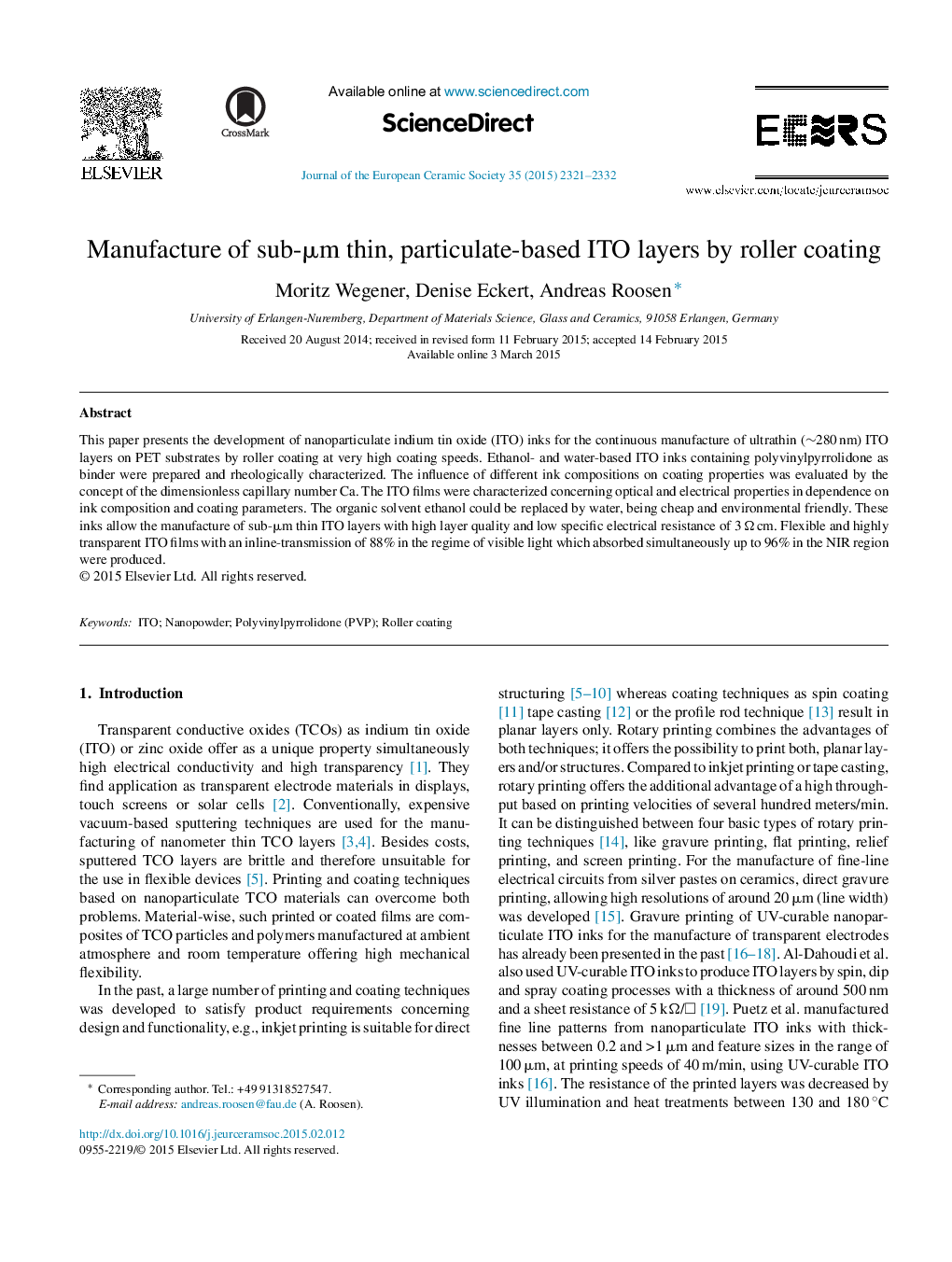 Manufacture of sub-Î¼m thin, particulate-based ITO layers by roller coating