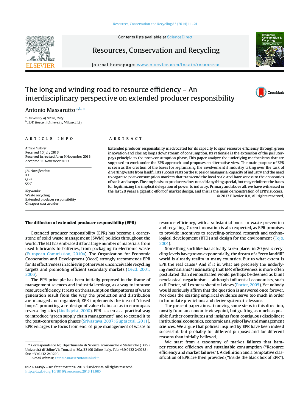 The long and winding road to resource efficiency – An interdisciplinary perspective on extended producer responsibility