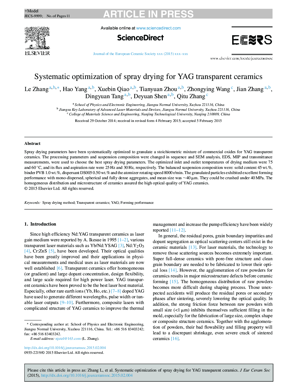 Systematic optimization of spray drying for YAG transparent ceramics