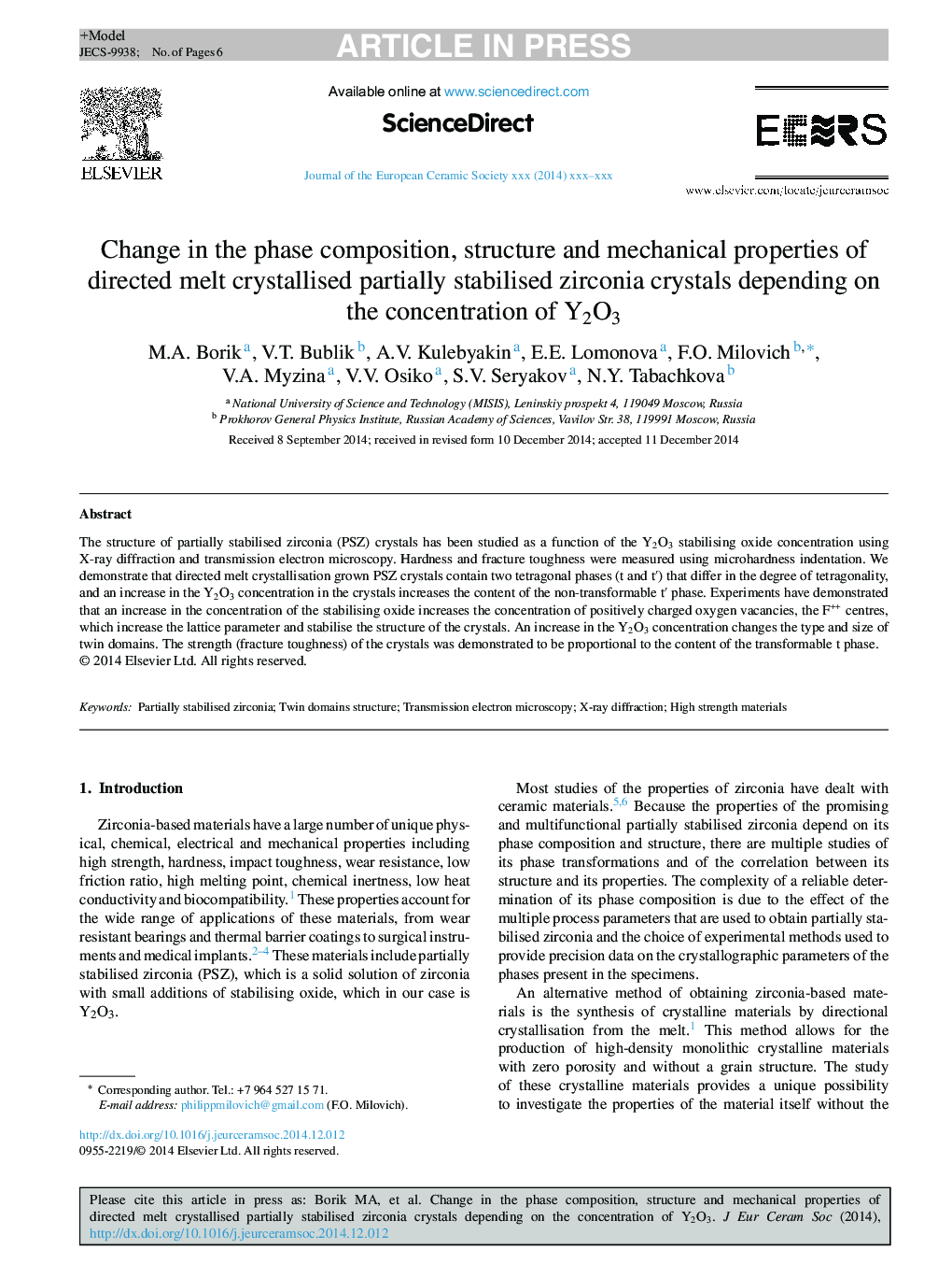 Change in the phase composition, structure and mechanical properties of directed melt crystallised partially stabilised zirconia crystals depending on the concentration of Y2O3