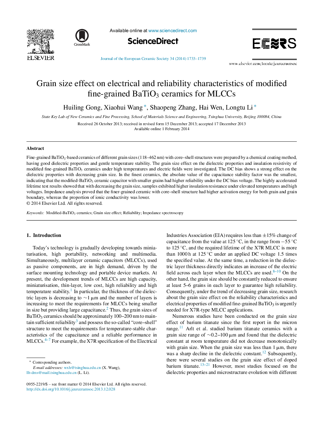 Grain size effect on electrical and reliability characteristics of modified fine-grained BaTiO3 ceramics for MLCCs