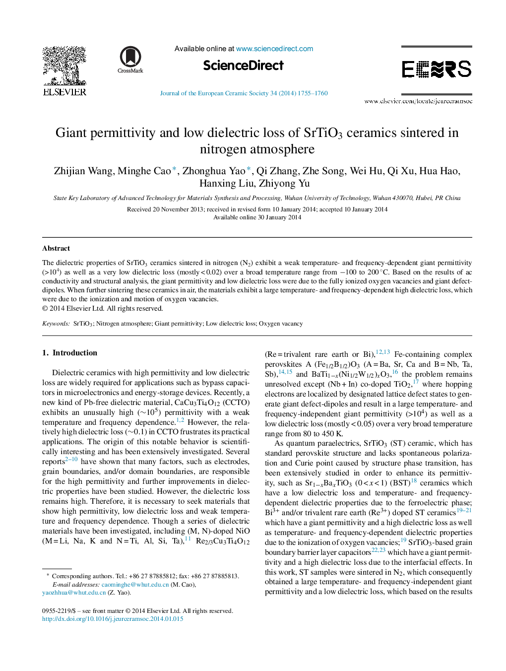 Giant permittivity and low dielectric loss of SrTiO3 ceramics sintered in nitrogen atmosphere