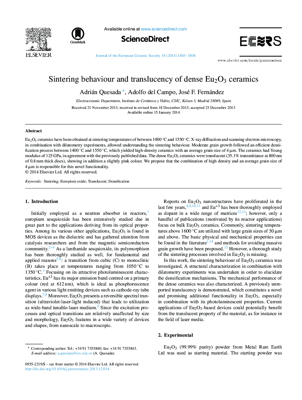 Sintering behaviour and translucency of dense Eu2O3 ceramics