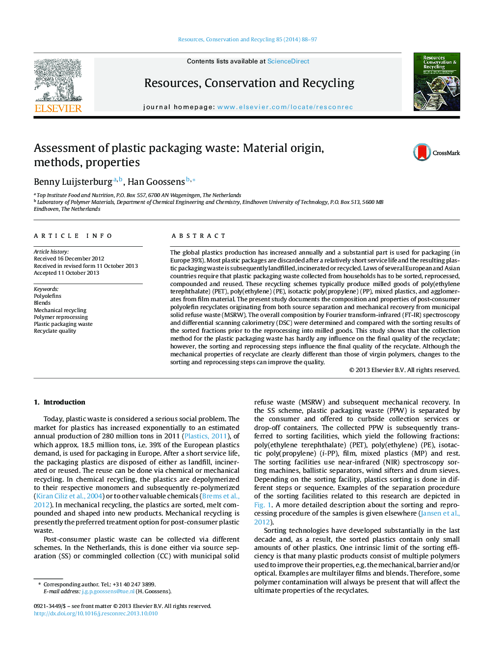 Assessment of plastic packaging waste: Material origin, methods, properties