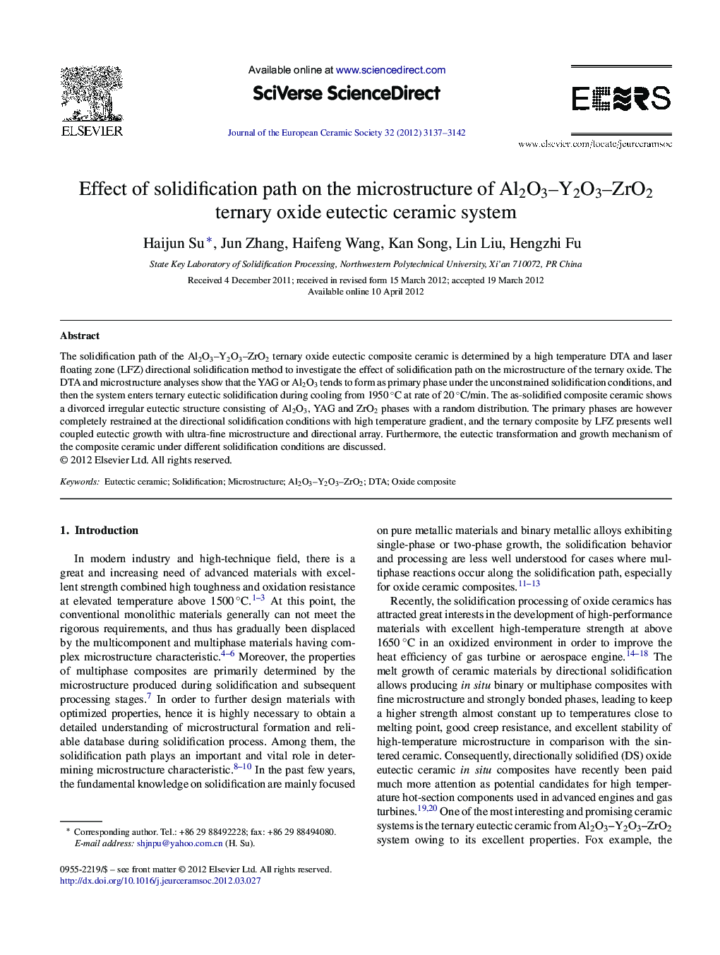 Effect of solidification path on the microstructure of Al2O3-Y2O3-ZrO2 ternary oxide eutectic ceramic system