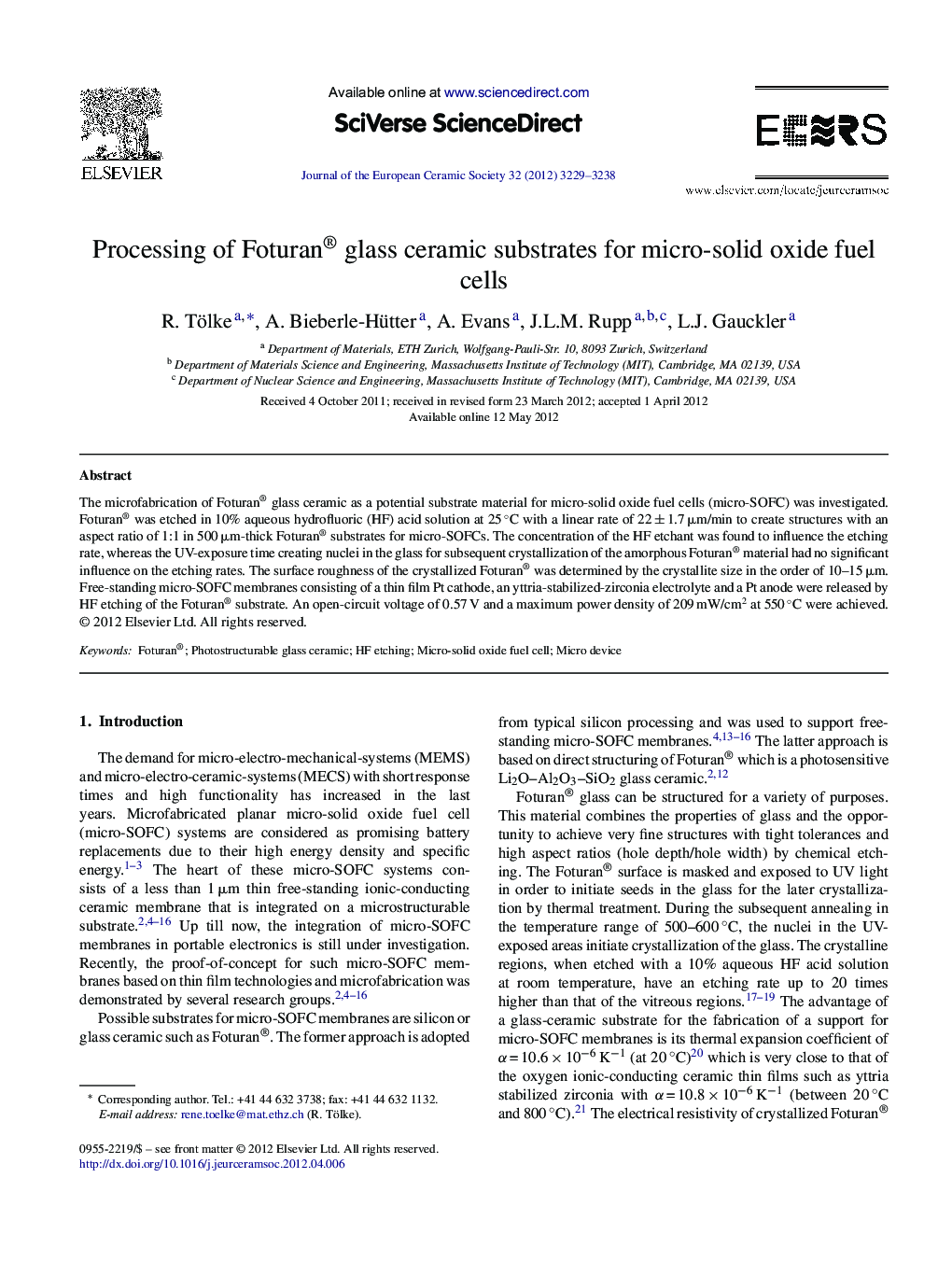 Processing of Foturan® glass ceramic substrates for micro-solid oxide fuel cells