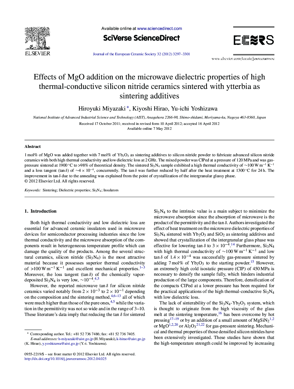 Effects of MgO addition on the microwave dielectric properties of high thermal-conductive silicon nitride ceramics sintered with ytterbia as sintering additives