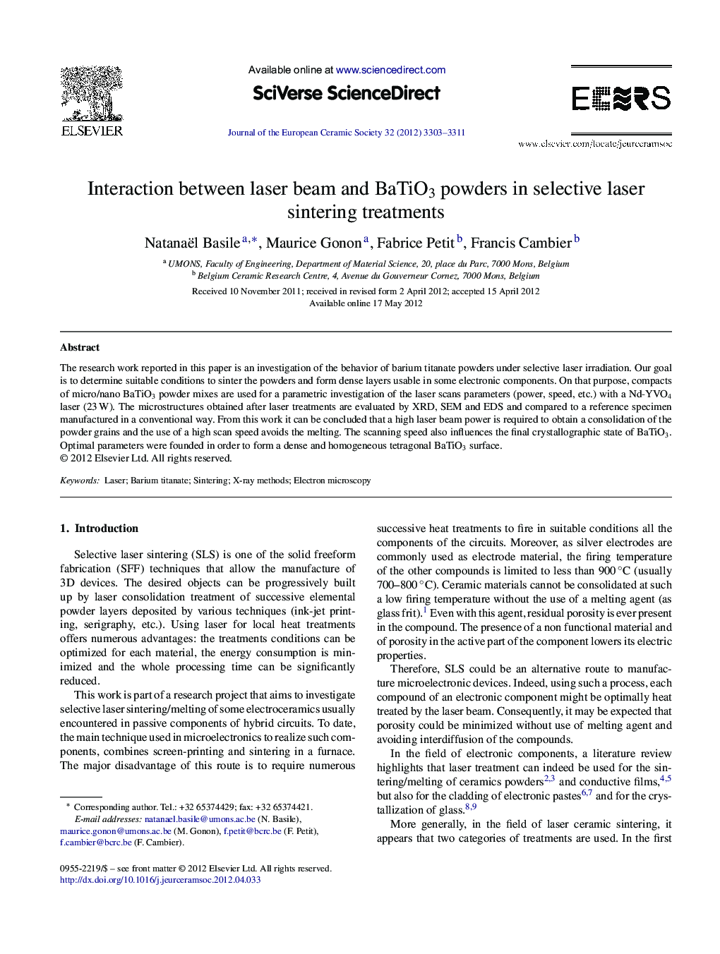 Interaction between laser beam and BaTiO3 powders in selective laser sintering treatments