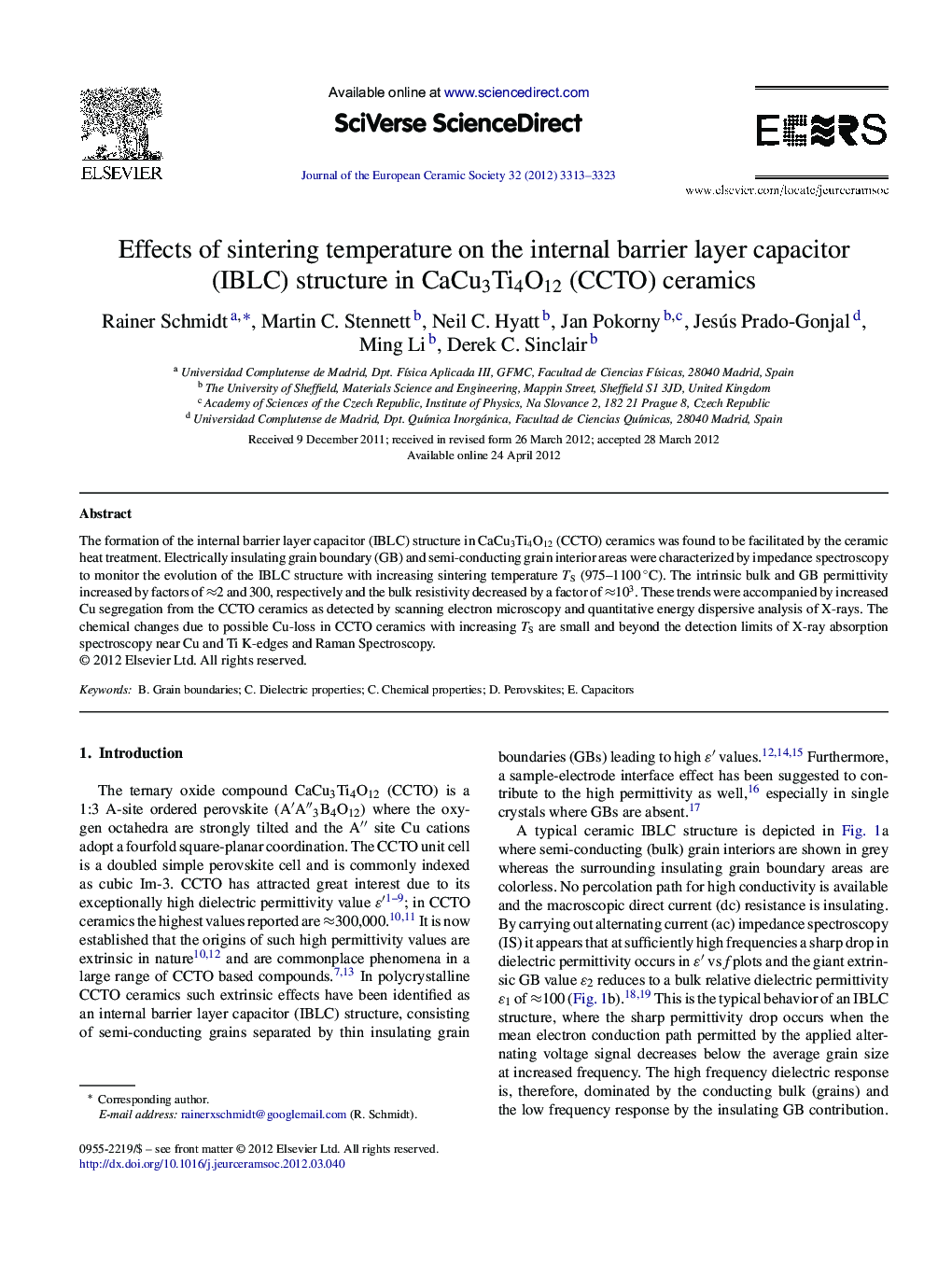 Effects of sintering temperature on the internal barrier layer capacitor (IBLC) structure in CaCu3Ti4O12 (CCTO) ceramics