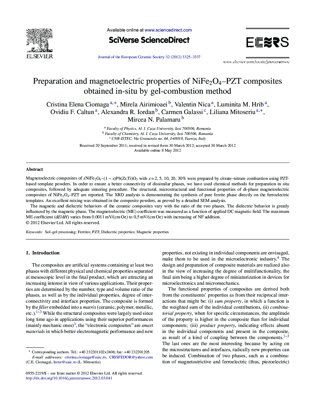 Preparation and magnetoelectric properties of NiFe2O4-PZT composites obtained in-situ by gel-combustion method