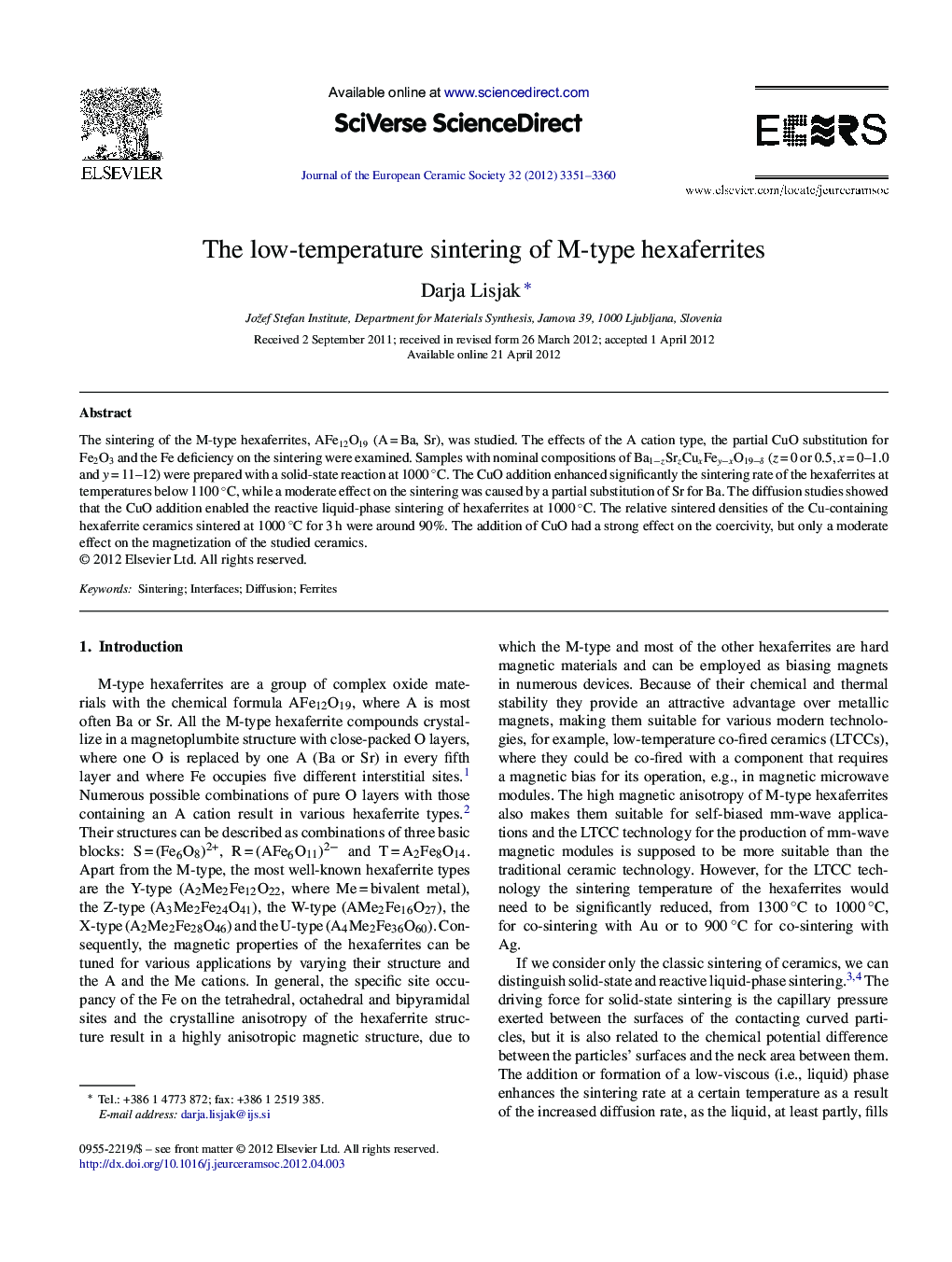 The low-temperature sintering of M-type hexaferrites