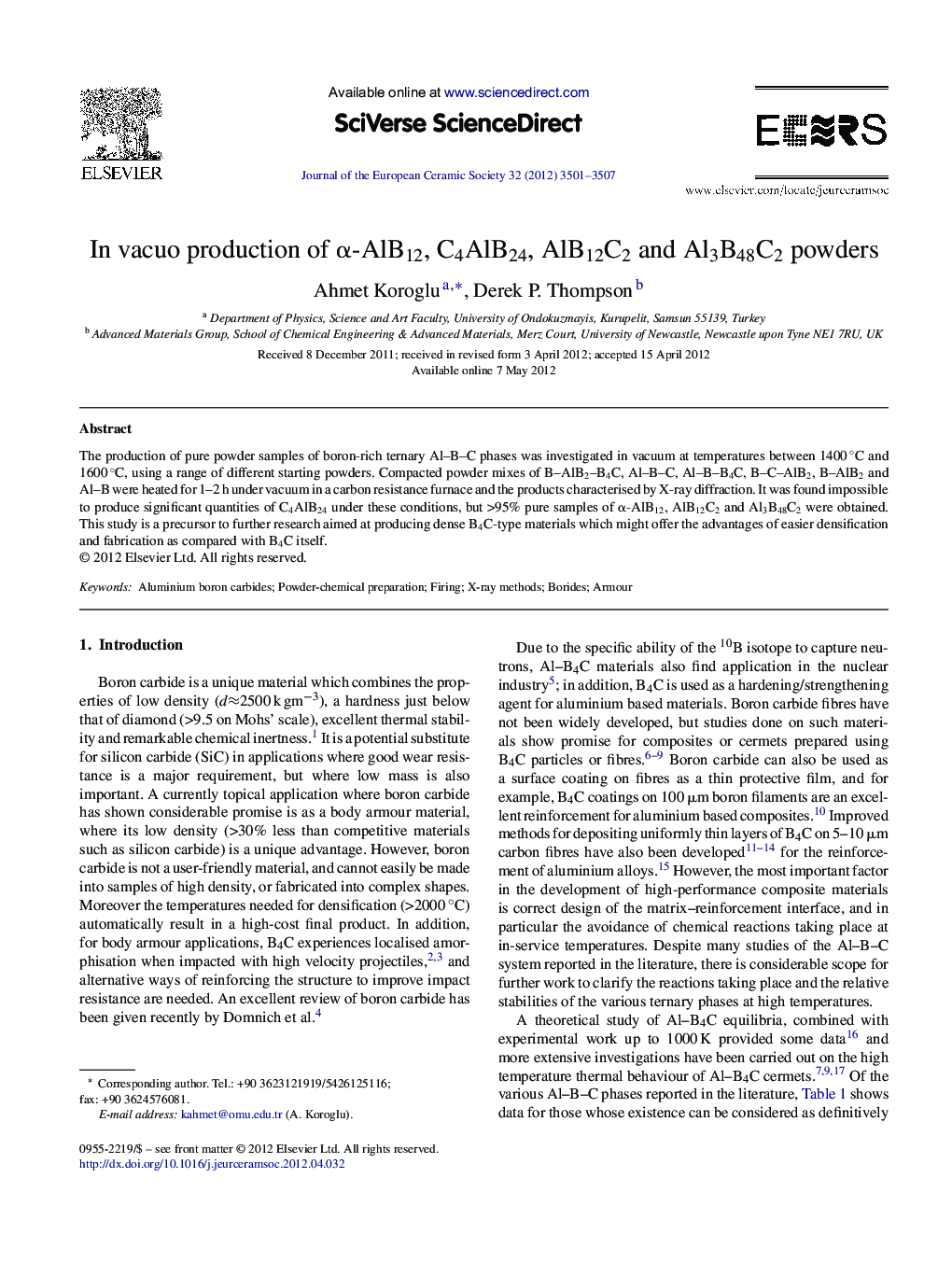 In vacuo production of Î±-AlB12, C4AlB24, AlB12C2 and Al3B48C2 powders