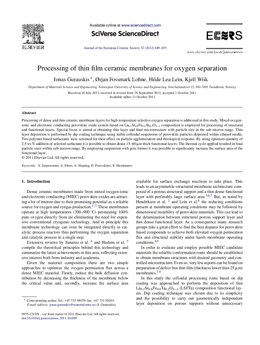 Processing of thin film ceramic membranes for oxygen separation