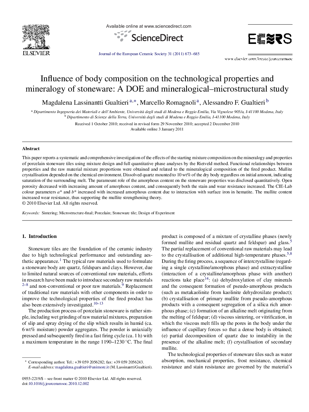 Influence of body composition on the technological properties and mineralogy of stoneware: A DOE and mineralogical-microstructural study