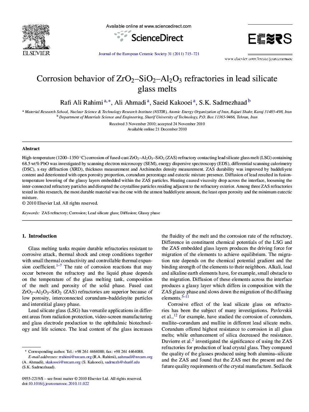 Corrosion behavior of ZrO2-SiO2-Al2O3 refractories in lead silicate glass melts